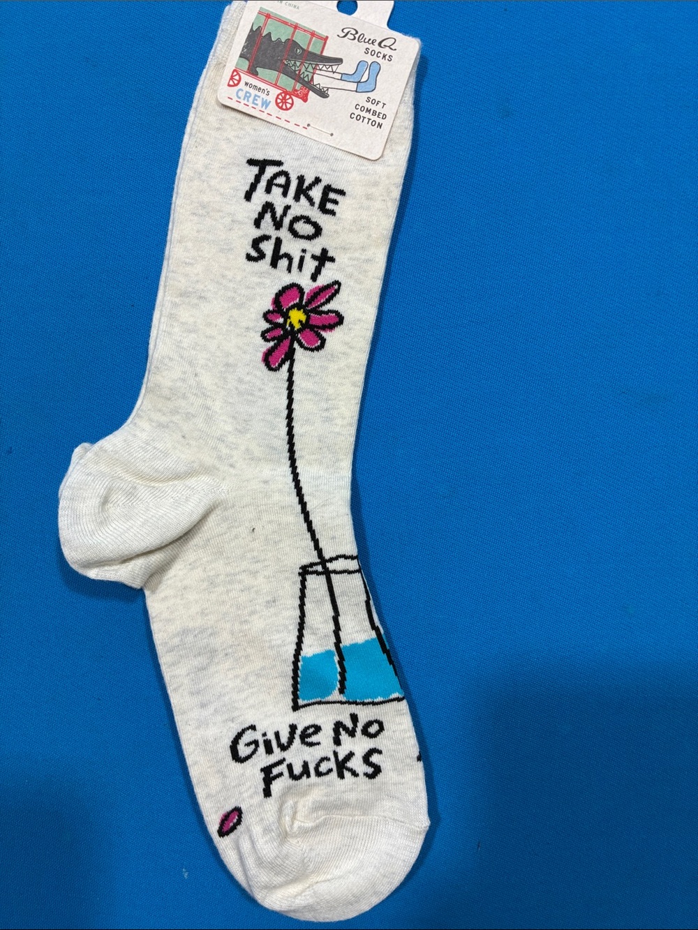 BOGO FREE- Blue Q White Crew Socks with Pink Flower & Blue Vase Graphic